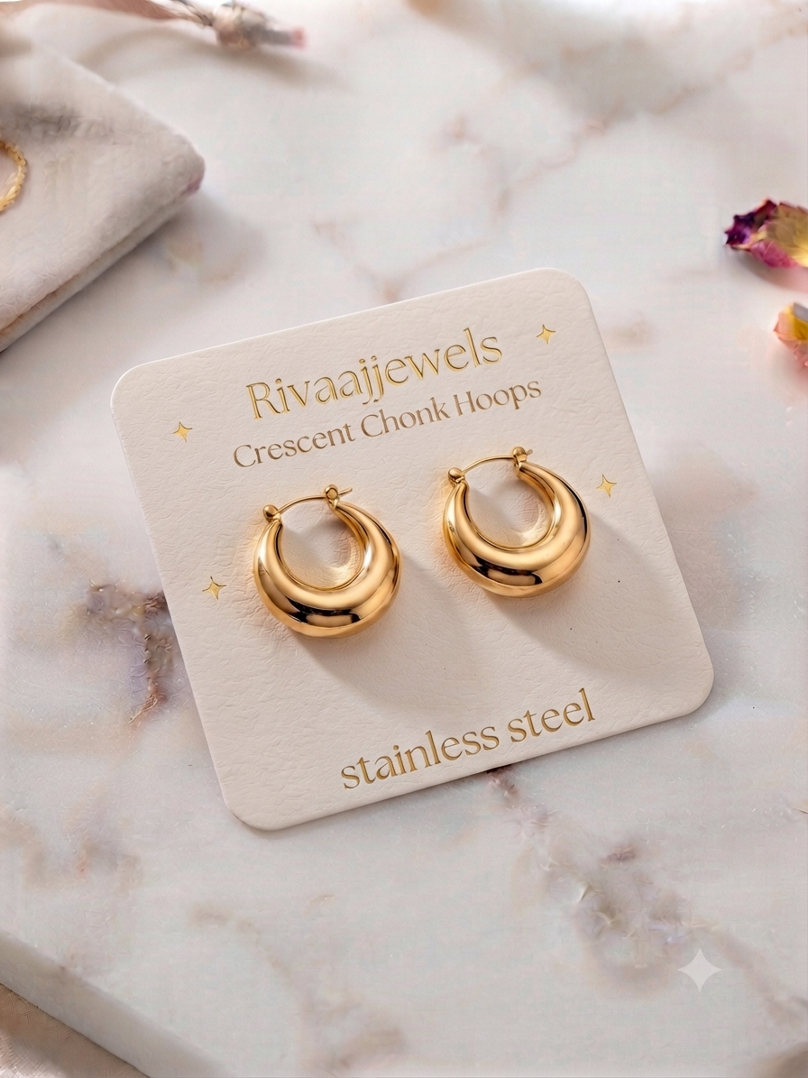 Crescent Chunky Gold Hoop Earrings for Women | Trendy Stainless Steel Hoops